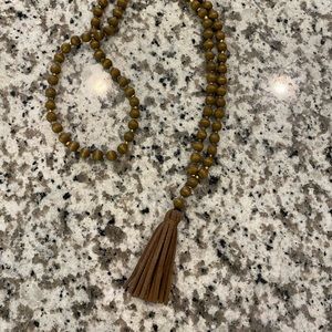 Brown Beaded Necklace with Brown Leather Tassle